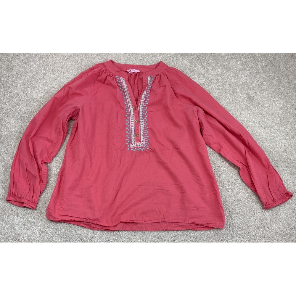 Lilly Pulitzer Tunic Top Womens Size XL Shirt Pink Coral Embroidered Long Sleeve